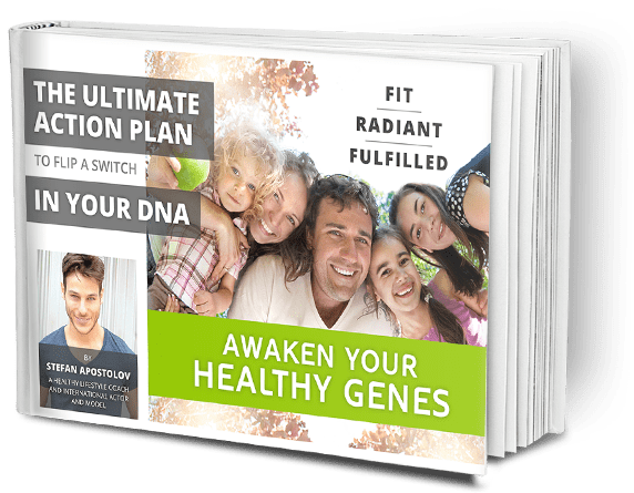 Book cover for 'The Ultimate Action Plan to Flip a Switch in Your DNA: Awaken Your Healthy Genes' by Stefan Apostolov. The cover features a smiling family of five enjoying the outdoors in bright sunlight, alongside a portrait of the smiling author, a healthy lifestyle coach.