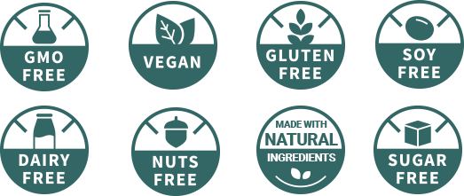 Eight circular badges displaying dietary and ingredient claims: GMO Free, Vegan, Gluten Free, Soy Free, Dairy Free, Nuts Free, Made with Natural Ingredients, and Sugar Free.